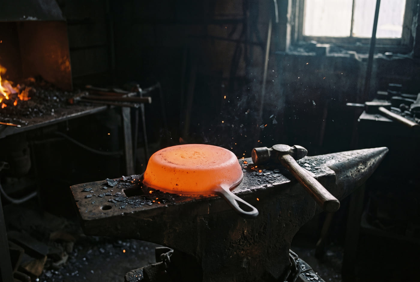 A hot pan blank resting on an anvil in a dark workshop